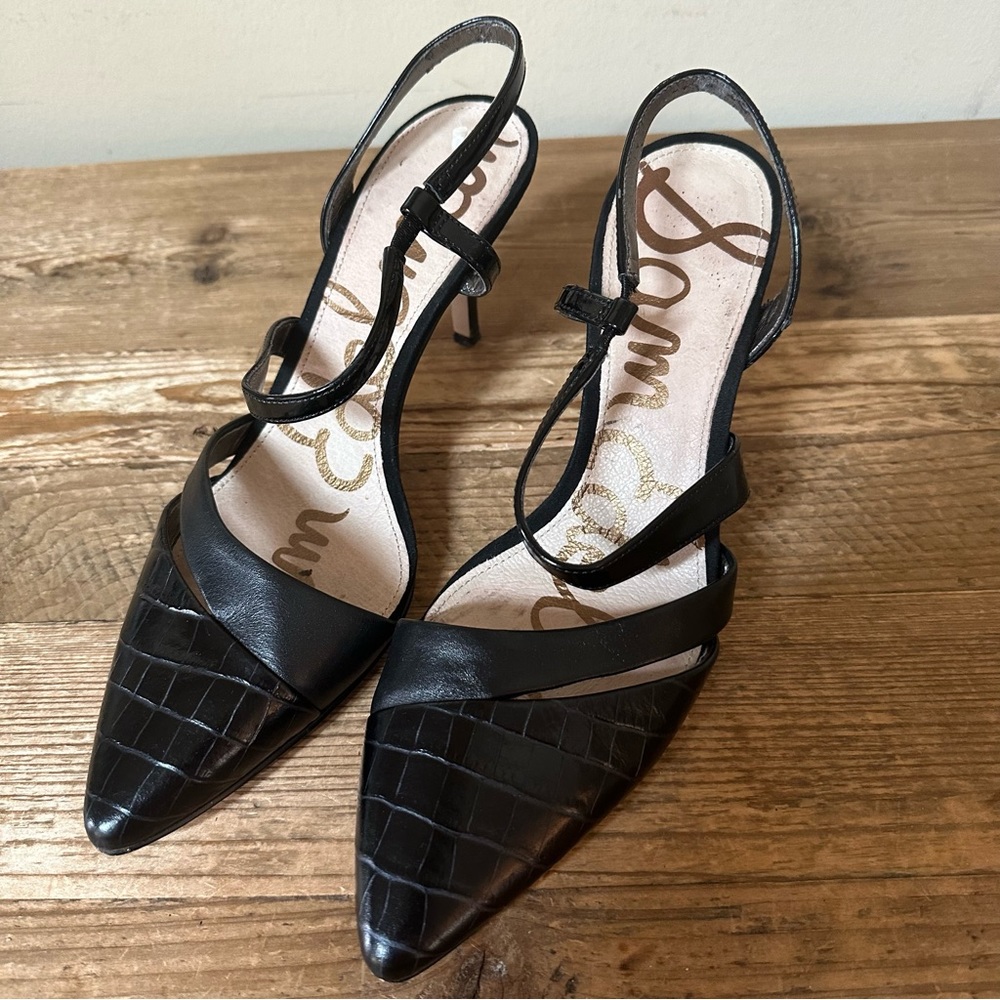 Sam Edelman Black Croc-Texture Pointed Toe Slingback Heels